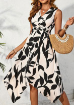 Spring And Summer Women Sleeveless Leaf Print Knot Irregular Midi Dress