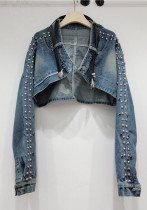 Turndown Collar Long Sleeve Beaded Decoration Street Trend Denim Jacket