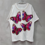 Beaded Sequin Butterfly Pink T-Shirt's Summer Loose Casual Tops