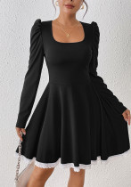 Chic Square Collar Long Sleeve Women Lace Patchwork Slim Waist A-Line Dress