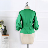 Plus Size Women's Clothing Cross Lace-Up Bubble Sleeve Sexy V-Neck Casual Shirt Top