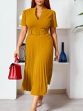 Women's Summer Short Sleeve V-Neck Pleated High Waist Fashion Slim Waist African Dress