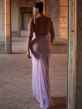Women's Formal Party Sequin Sexy Low Back Evening Dress