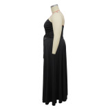 Summer Fashion Women's Sleeveless Slash Shoulder Solid Color Slim Waist Slit A-Line Dress