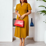 Women's Summer Short Sleeve V-Neck Pleated High Waist Fashion Slim Waist African Dress