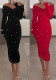 Fashionable And Elegant Off-Shoulder Solid Color Long Sleeve Beaded Bodycon Dress