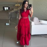 Hollow Embroidery V-Neck Long Sleeveless Casual Long Dress