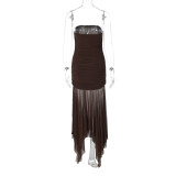 Women's Spring Solid Color Sexy Strapless Mesh Patchwork Long Dress