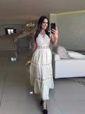 Hollow Embroidery V-Neck Long Sleeveless Casual Long Dress