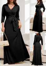 Spring And Autumn Women's Fashion Elegant V-Neck With Belt Slim Waist Plus Size Dress