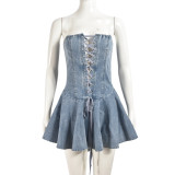 Elastic Denim Women's Zipper Lace-Up Sexy Transparent Strap Short A-Line Dress