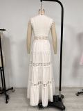 Hollow Embroidery V-Neck Long Sleeveless Casual Long Dress