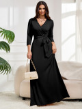 Spring And Autumn Women's Fashion Elegant V-Neck With Belt Slim Waist Plus Size Dress