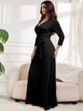 Spring And Autumn Women's Fashion Elegant V-Neck With Belt Slim Waist Plus Size Dress