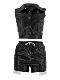 Women's Fashion Single-Breasted Pu Sleeveless Top Pocket Shorts Two-Piece Set