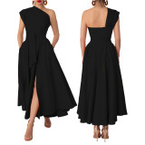 Summer Fashion Women's Sleeveless Slash Shoulder Solid Color Slim Waist Slit A-Line Dress
