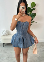 Elastic Denim Women's Zipper Lace-Up Sexy Transparent Strap Short A-Line Dress Elastic Denim Women's Zipper Lace-Up Sexy Transparent Strap Short A-Line Dress