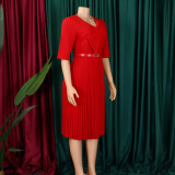 Women's Summer Fashion V-Neck Solid Color Plus Size Pleated African Dress