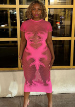 Fashion Sexy Hollow See-Through Tight Fitting Fishnet Round Neck Midi Dress Fashion Sexy Hollow See-Through Tight Fitting Fishnet Round Neck Midi Dress