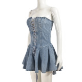 Elastic Denim Women's Zipper Lace-Up Sexy Transparent Strap Short A-Line Dress