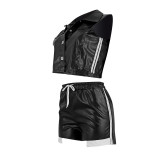 Women's Fashion Single-Breasted Pu Sleeveless Top Pocket Shorts Two-Piece Set