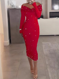 Fashionable And Elegant Off-Shoulder Solid Color Long Sleeve Beaded Bodycon Dress