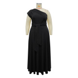 Summer Fashion Women's Sleeveless Slash Shoulder Solid Color Slim Waist Slit A-Line Dress