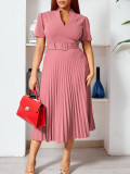 Women's Summer Short Sleeve V-Neck Pleated High Waist Fashion Slim Waist African Dress