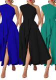 Summer Fashion Women's Sleeveless Slash Shoulder Solid Color Slim Waist Slit A-Line Dress