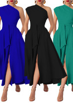 Summer Fashion Women's Sleeveless Slash Shoulder Solid Color Slim Waist Slit A-Line Dress