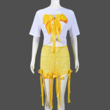 Sexy Bow Short Sleeve Top Lace Trend Shorts Women Two Piece Set