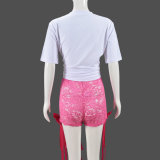 Sexy Bow Short Sleeve Top Lace Trend Shorts Women Two Piece Set