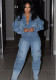 Spring Autumn Women's Pocket Button Long Sleeve Casual Denim Jumpsuit