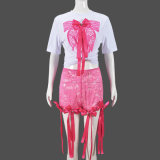 Sexy Bow Short Sleeve Top Lace Trend Shorts Women Two Piece Set