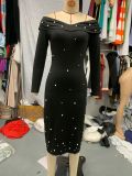 Fashionable And Elegant Off-Shoulder Solid Color Long Sleeve Beaded Bodycon Dress