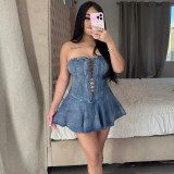 Elastic Denim Women's Zipper Lace-Up Sexy Transparent Strap Short A-Line Dress