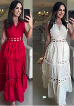 Hollow Embroidery V-Neck Long Sleeveless Casual Long Dress Hollow Embroidery V-Neck Long Sleeveless Casual Long Dress