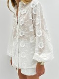 Women's Fashion Sexy White Lace Embroidery See-Through Shirt High Waist Shorts Two Piece Set