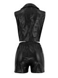 Women's Fashion Single-Breasted Pu Sleeveless Top Pocket Shorts Two-Piece Set
