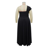 Summer Fashion Women's Sleeveless Slash Shoulder Solid Color Slim Waist Slit A-Line Dress