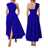 Summer Fashion Women's Sleeveless Slash Shoulder Solid Color Slim Waist Slit A-Line Dress
