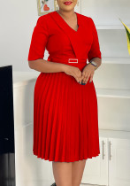 Women's Summer Fashion V-Neck Solid Color Plus Size Pleated African Dress Women's Summer Fashion V-Neck Solid Color Plus Size Pleated African Dress