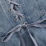 Elastic Denim Women's Zipper Lace-Up Sexy Transparent Strap Short A-Line Dress