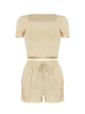 Women's Casual Solid Color Square Neck Short Sleeve Top Drawstring Pocket Shorts Two-Piece Set