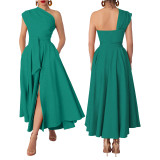 Summer Fashion Women's Sleeveless Slash Shoulder Solid Color Slim Waist Slit A-Line Dress