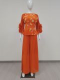 Plus Size Women Casual Pleated Top and Wide Leg Pants Two Piece Set