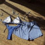 Women Sexy Color Block Striped Polka Dot Square Leg Pants Swimwear Three-Piece
