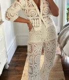 Women knitting hollow Top and Pants Two Piece Set
