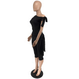 Women Summer Slash Shoulder Lace-Up Casual Solid Top and Shorts Two Piece Set
