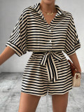 Women Spring and Summer Striped Turndown Collar Cardigan Button Half-Sleeve Top and Shorts Two Piece Set